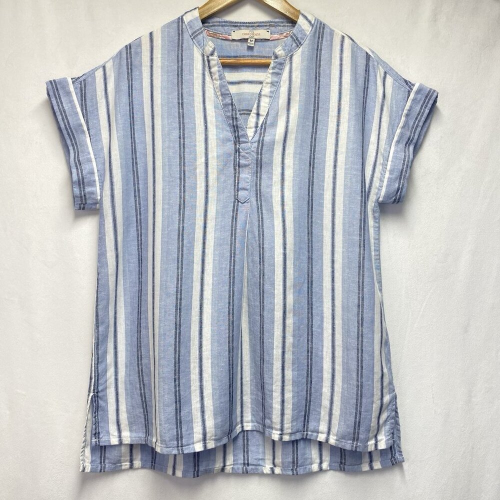 Casa Cabana Striped Linen V-Neck Short Sleeve Top blouse M adorable!!